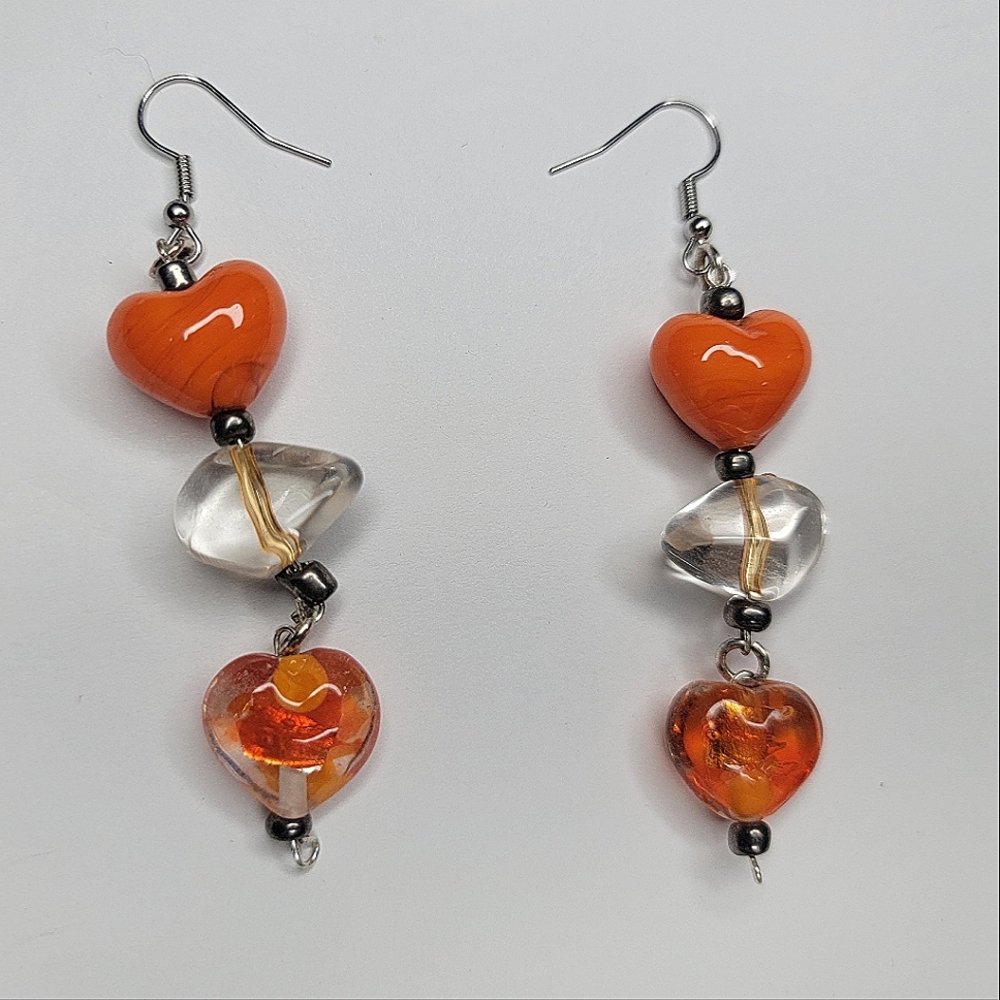 Orange Heart Shaped Glass Beaded Earrings (Auburn Aura)